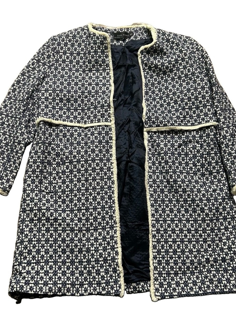 Women’s Zara Navy Blue White Tweed Blazer Size Large